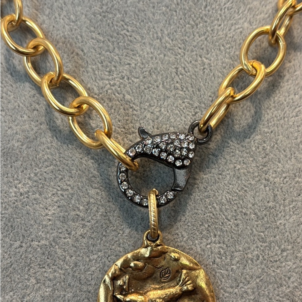 Gold and Silver Chain Necklace with large pendant and crystal Clasp
